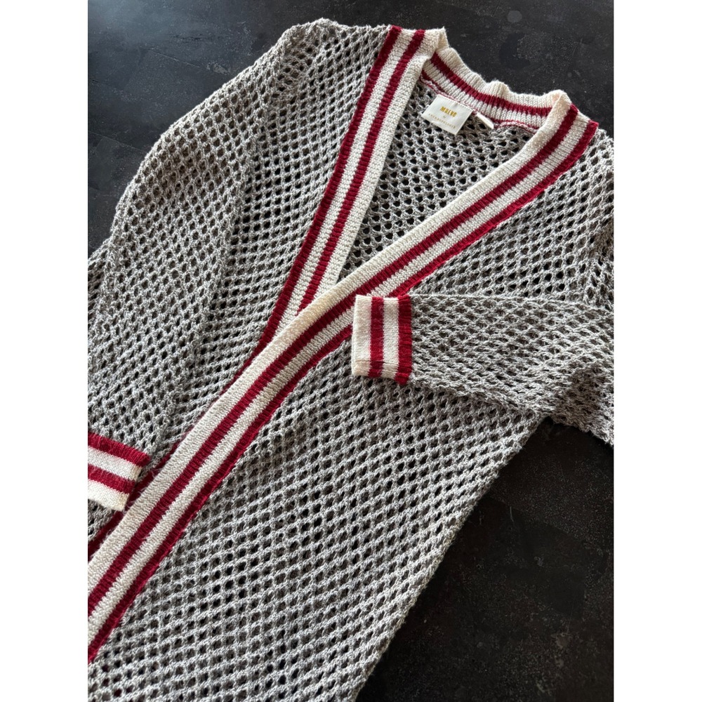 Anthropologie‎ MaeveMetallic Gray Red Varsity Open Front Knit Cardigan OSDuster